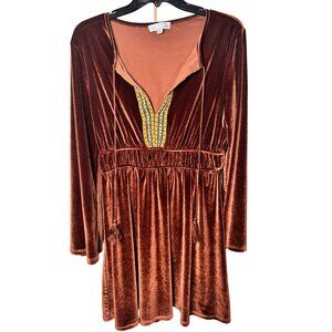 Luukse Velvet Boho Dress L Rust Brown Embroidered Long Sleeve